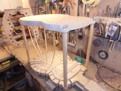 Kopuła z sklejona i kręcona z dwóch płyt o grubości 18 mm. Razem 36 mm grubości dające stabilność i pewność , ze przy rozpieraniu góra nie będzie się odkształcać.