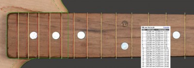 żółte linie to progi wg. tabelki, czerwone - nacięcia w podstrunnicy.