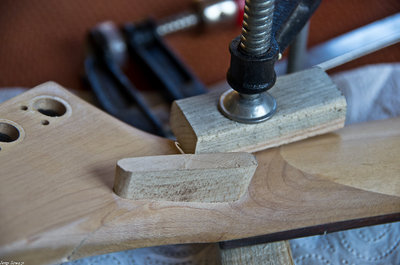 Materiał gryfu - klon, materiał wstawki tez klon.